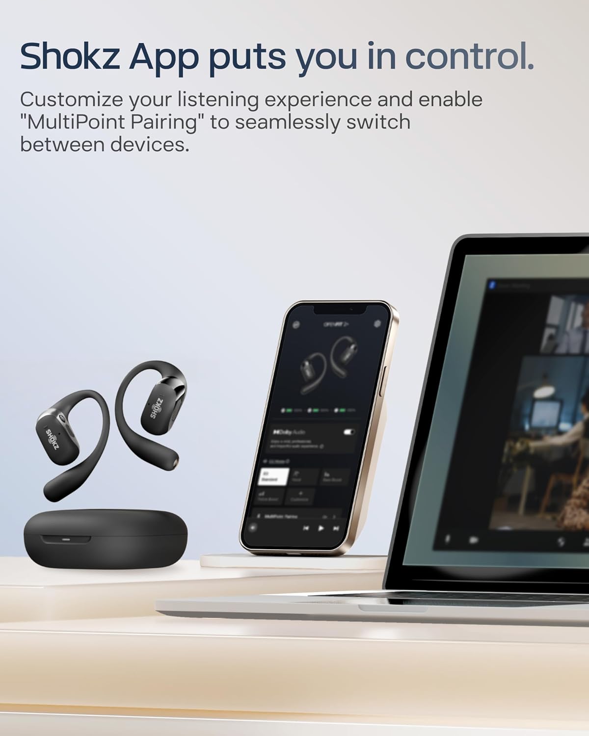 Shokz NEW OpenFit 2+ Open-Ear Headphones, Dolby Audio Enabled, Comfortable Earbuds with Soft Ear Hooks, 48H Playtime, IP55 Water-Resistant, USB-C Fast Charging, Wireless Charging, Carrying Bag, Black