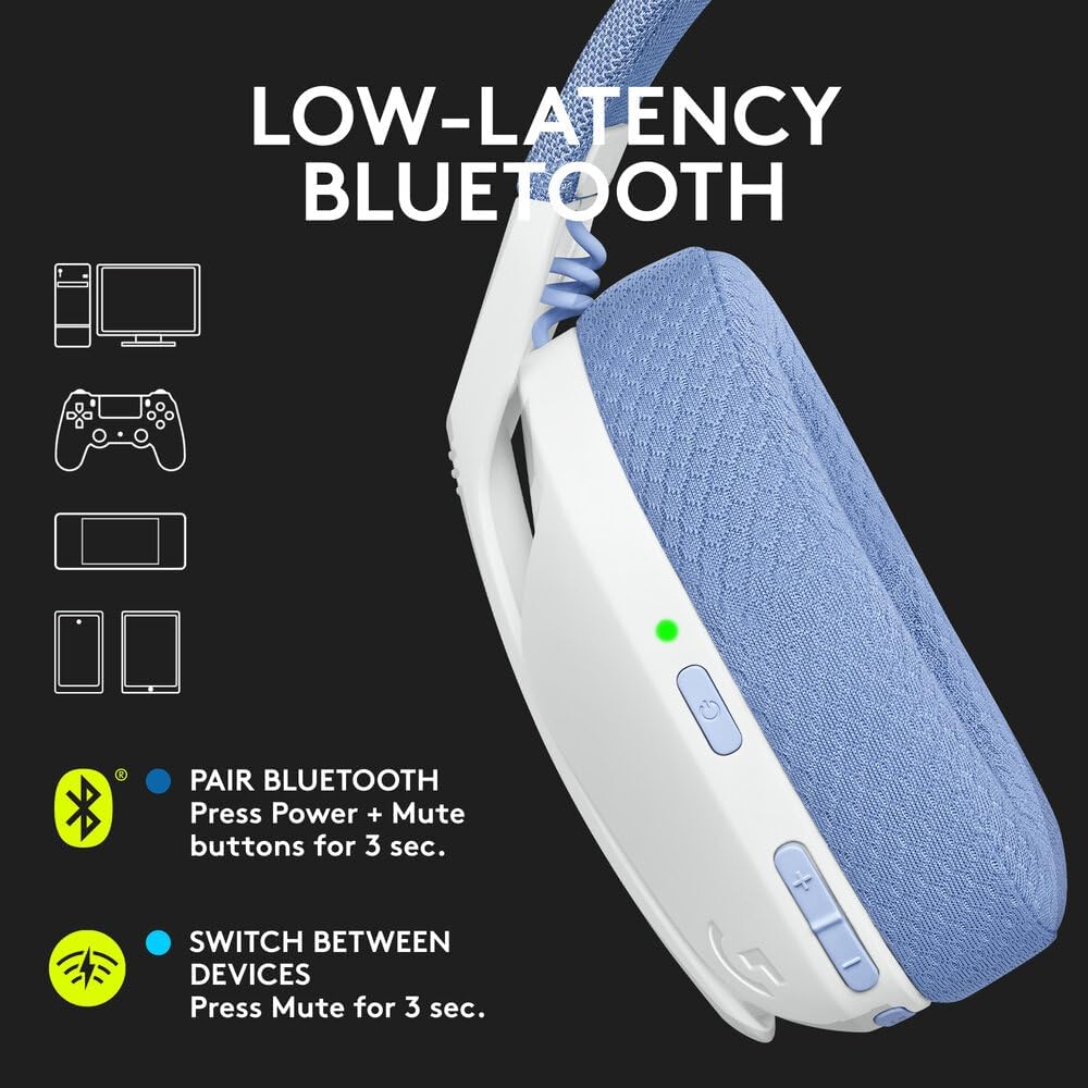 Logitech G435 LIGHTSPEED & Bluetooth Wireless Gaming Headset - Ultra Lightweight 165g over-ear headphones, built-in mics, 18h battery, compatible with Dolby Atmos, PC, PS4, PS5, Mobile - White