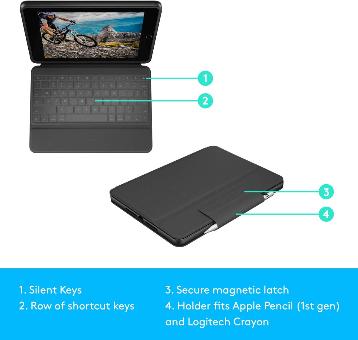 Logitech Rugged Folio - iPad (7th, 8th, & 9th generation) Protective Keyboard Case with Smart Connector and Durable Spill-Proof Keyboard, ARA Keyboard, Graphite