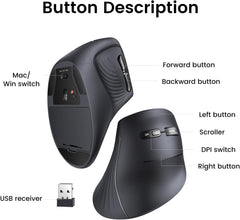 UGREEN Ergonomic Mouse, Vertical Wireless Mouse, 2.4GHz Optical Bluetooth Mice, 4 Adjustable DPI 1000/1600/2000/4000 Levels, 5 Buttons Mice for Laptop, PC, Chromebook, Desktop, Notebook etc, Black