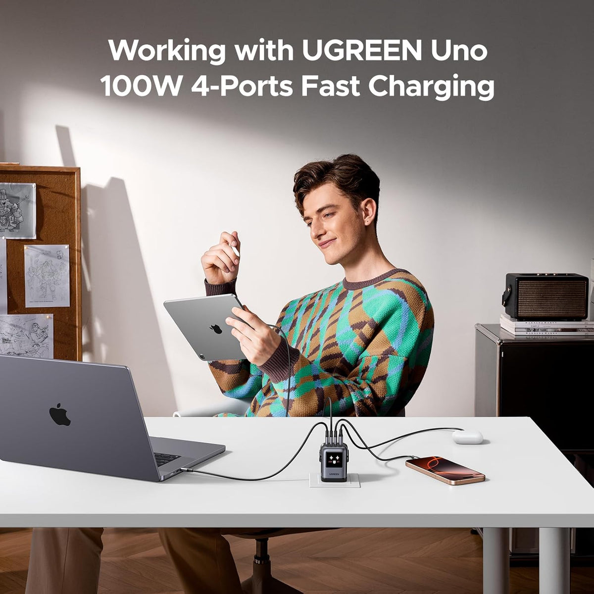 UGREEN UNO 100W USB C Charger 4-Port Nexode 100W GaN,LED Display,Compact Funny Fast Charger Type C Power Adapter for MacBook/HP/Dell/Lenovo, iPhone 16 Pro Max, Galaxy S25 Ultra, Steam Deck, etc-Black