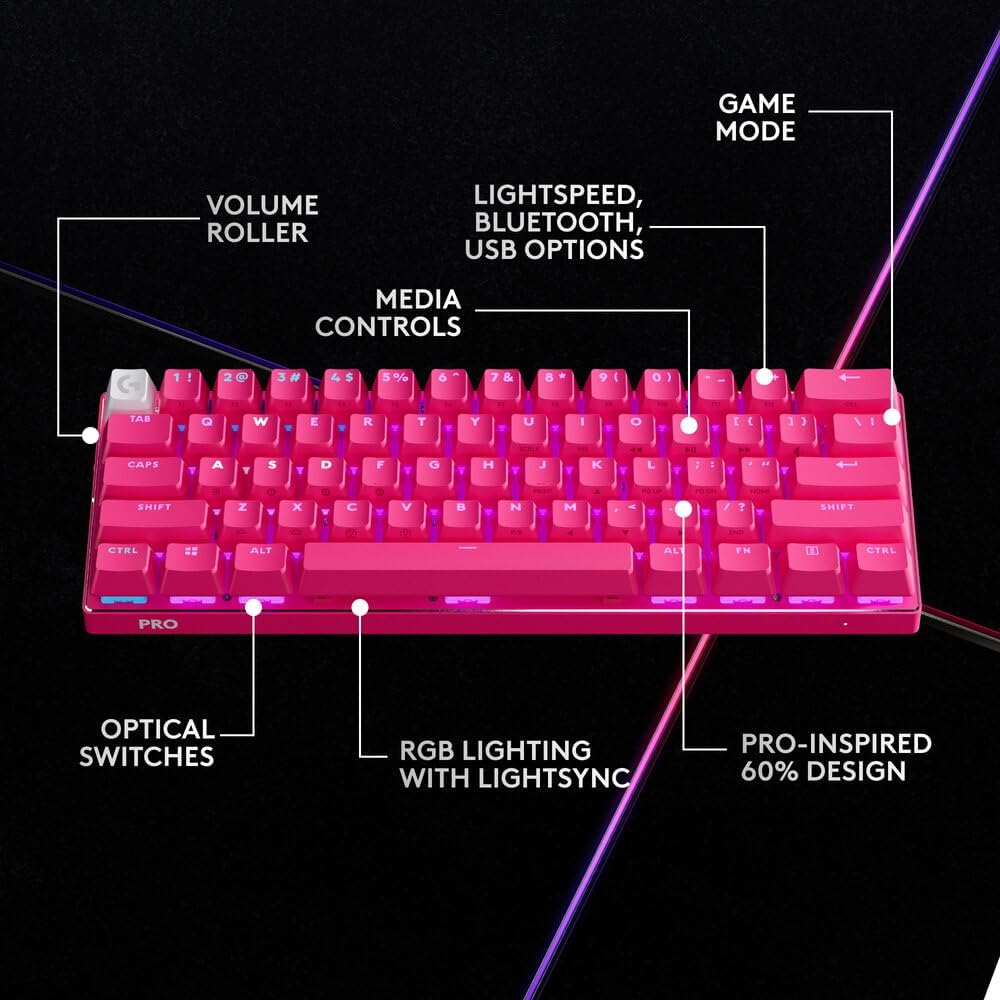 Logitech G PRO X 60 LIGHTSPEED Wireless Gaming Keyboard, Ultra Compact TKL 60% Mechanical Keyboard for Windows PC, LIGHTSYNC RGB, Dual-Shot PBT Keycaps, Tactile Switches - Magenta