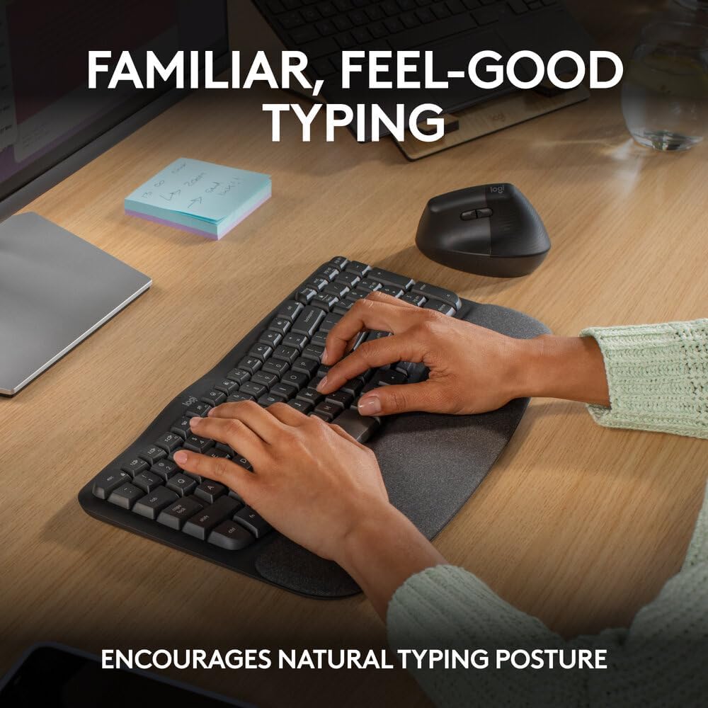 Logitech Wave Keys Wireless Ergonomic Keyboard with Cushioned Palm Rest, Comfortable Natural Typing, Easy-Switch, Bluetooth, Logi Bolt Receiver, for Multi-OS, Windows/Mac, AR Layout - Graphite (Pc)