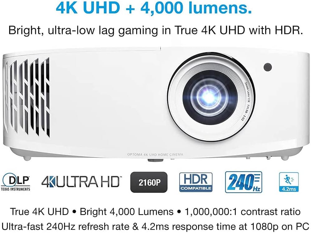 Optoma UHD38 Bright, True 4K UHD Gaming Projector | 4000 Lumens | 4.2ms Response Time at 1080p with Enhanced Gaming Mode | Lowest Input Lag on 4K Projector | 240Hz Refresh Rate | HDR10 & HLG
