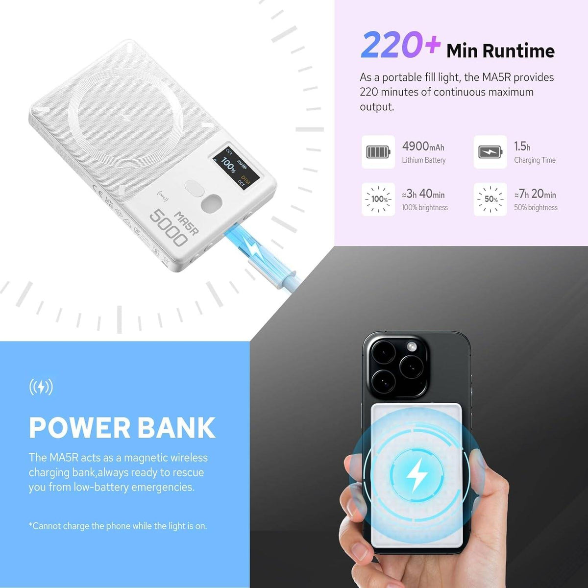 Godox MA5R 2-in-1 RGB Phone Selfie Light & Magnetic Power Bank Ultra-Thin 4900mAh Light with 1800K-10000K Color Temp, NFC/Bluetooth Control, 14 FX Modes for Photo & Camping | MA5R