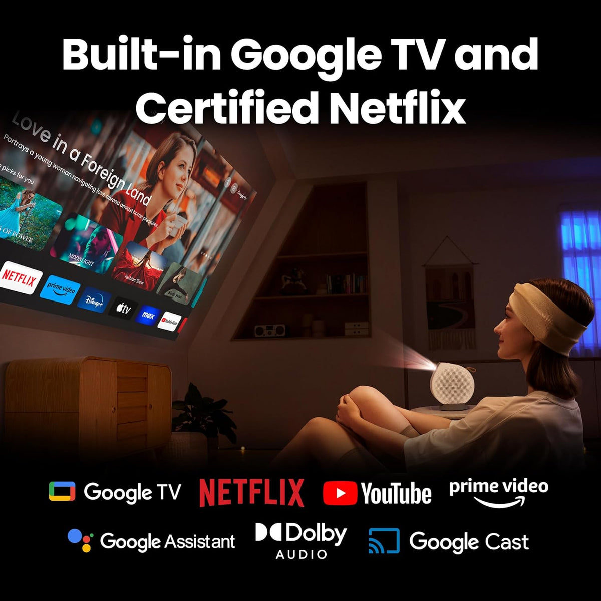 [2025 Launch]BenQ GV50 Laser Portable Projector, 500Lms, 1080p, 4K Supported, Ceiling Projection, Tripod Base, Rotating Angle, Google TV, Certified Netflix, WiFi & Bluetooth, Deep Woofer Speaker.