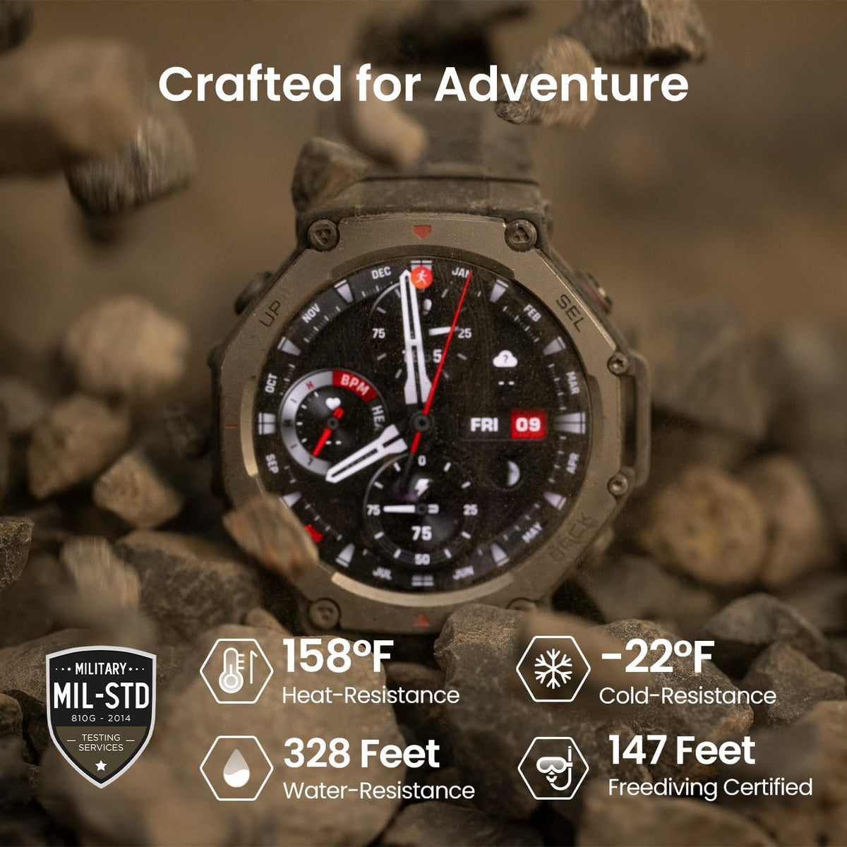 Amazfit T-Rex 3 Rugged/Military Smart Watch 48mm, 27 Day Battery, GPS (with Privacy), Offline Maps, 328 Feet Water-Resistant, 170 Fitness/Sport Modes, AI, Voice Control, for Android or iPhone