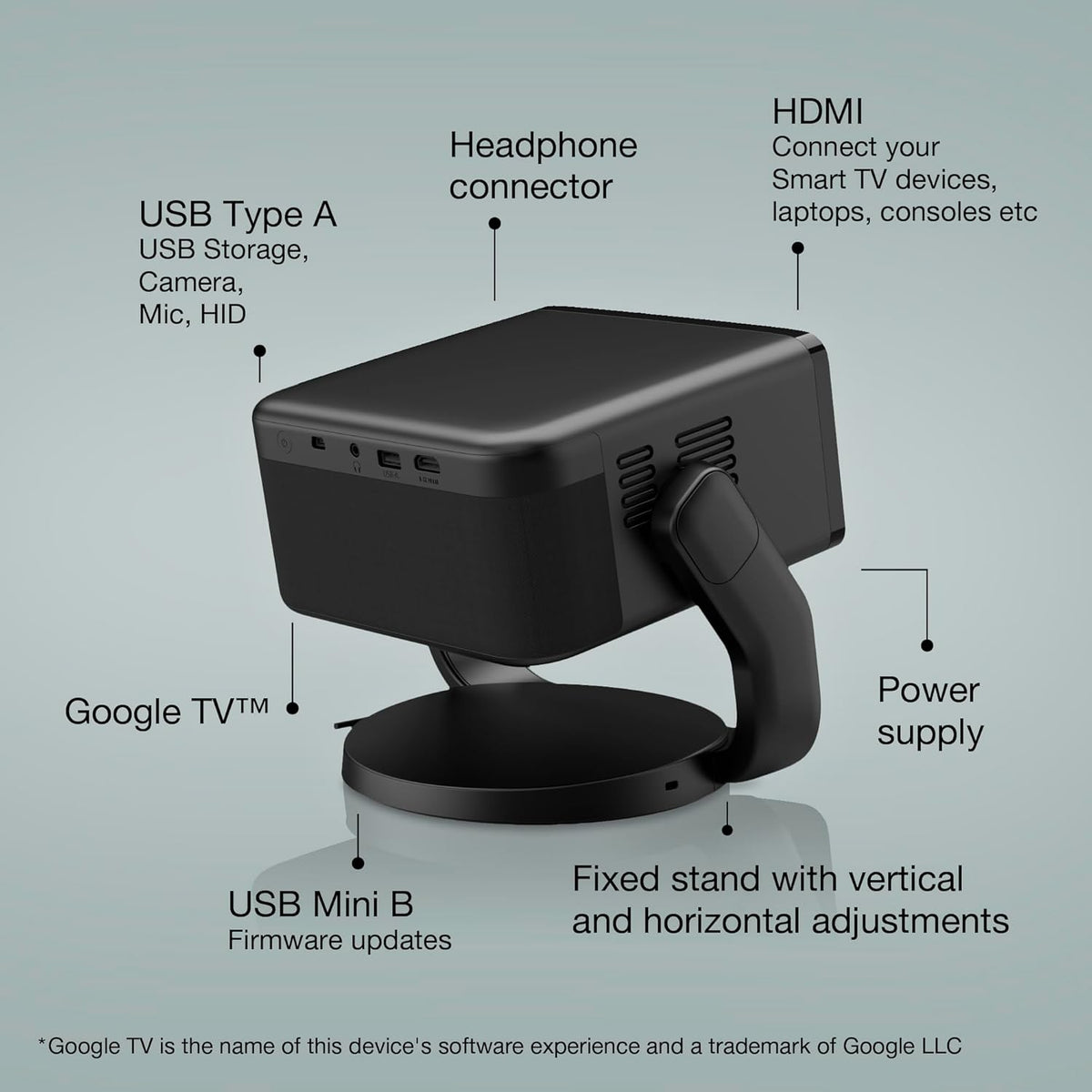 Epson EF-22 Mini Smart Laser Projector with Swivel stand, Full HD, 1000 Lumens, 150 Inch Display with HDR, Google TV, Dolby Atmos Sound, Gaming & Home Cinema – Onyx Black