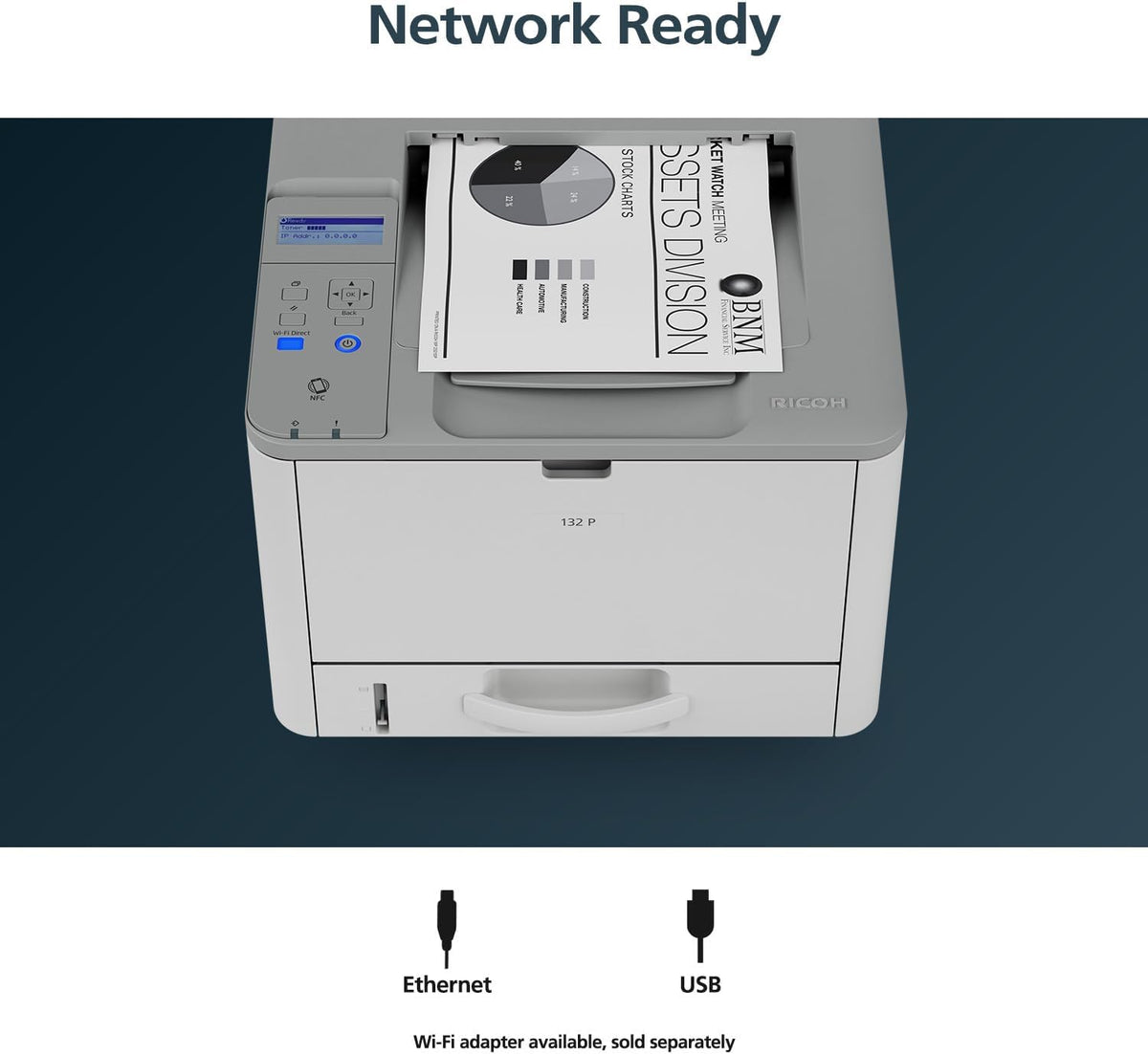 RICOH 132 P Compact Black & White Duplex Laser Printer 34PPM - Easy Change Toner