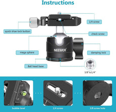 NEEWER 28mm Low-Profile Tripod Ball Head with Quick Release Plate & Bubble Level 360° Panoramic Rotation, 1/4-Inch Screw Mount, Max Load 5kg for DSLR Cameras, Tripods, Monopods, Sliders