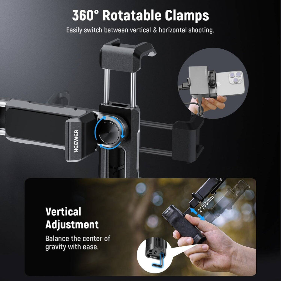 NEEWER Bluetooth Side Handle Shutter Release with 2.2"-3.2"/55-82mm 360° Phone Clamp & SSD Holder
