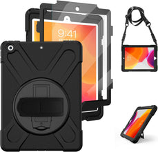 Herize iPad 9th/7th/ 8th Generation Case Cover iPad 10.2 Case 2021 2019 2020 with Screen Protector, Heavy Duty Hard Durable Shockproof Protective Case with Kickstand,Hand Strap, Shoulder Strap Black