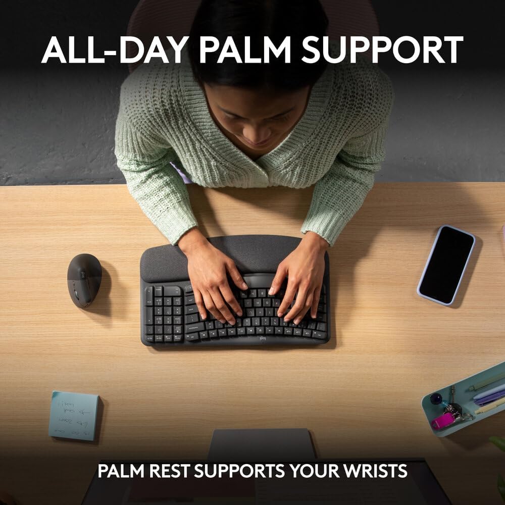 Logitech Wave Keys Wireless Ergonomic Keyboard with Cushioned Palm Rest, Comfortable Natural Typing, Easy-Switch, Bluetooth, Logi Bolt Receiver, for Multi-OS, Windows/Mac, AR Layout - Graphite (Pc)