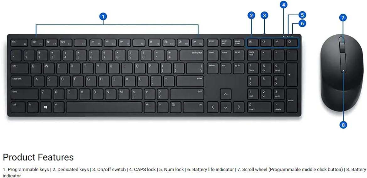 Dell Pro Wireless Keyboard & Mouse, 2.4 GHz Interface, Programmable Function Keys, Ambidextrous Design, Battery Powered, English Layout, Black | KM5221W-US