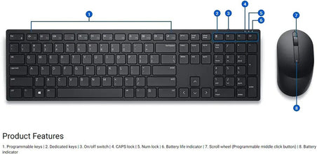 Dell Pro Wireless Keyboard & Mouse, 2.4 GHz Interface, Programmable Function Keys, Ambidextrous Design, Battery Powered, English Layout, Black | KM5221W-US