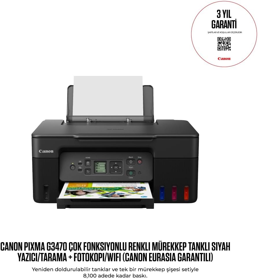 Canon PIXMA G3470 Wireless Colour 3-in-1 Refillable MegaTank Printer, Black, Fast prints, huge savings