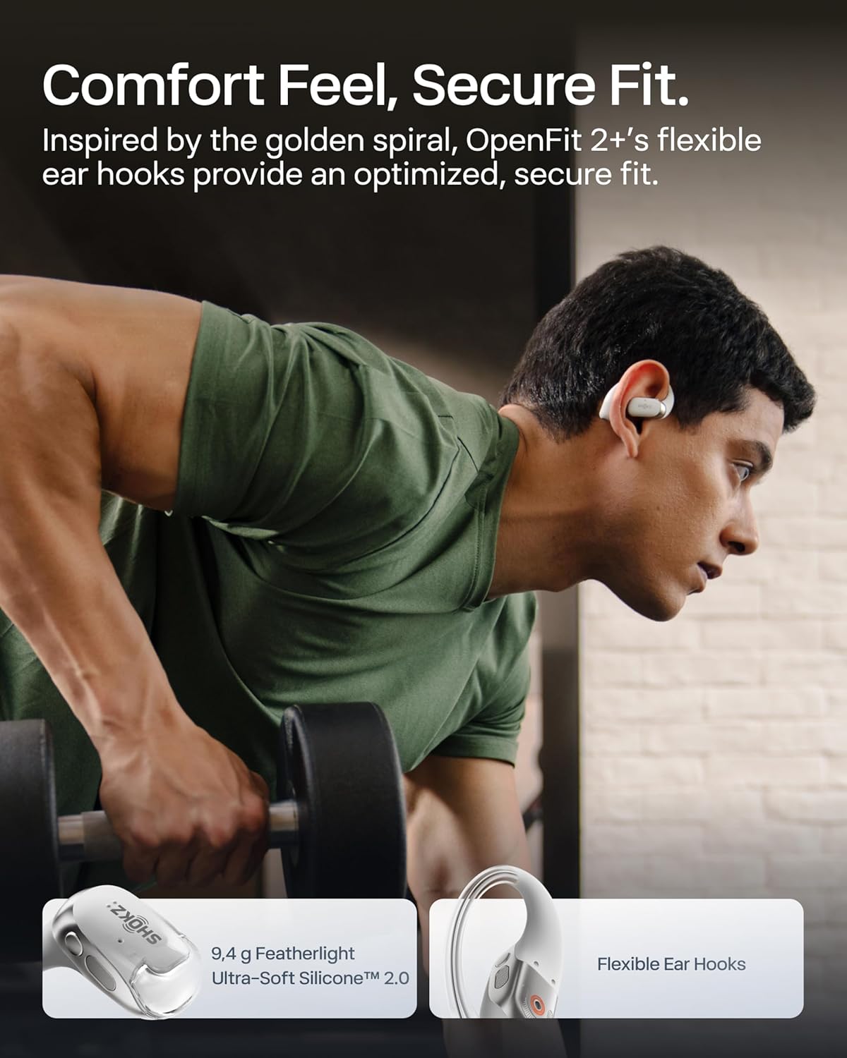 Shokz NEW OpenFit 2+ Open-Ear Headphones, Dolby Audio Enabled, Comfortable Earbuds with Soft Ear Hooks, 48H Playtime, IP55 Water-Resistant, USB-C Fast Charging, Wireless Charging, Carrying Bag, Grey
