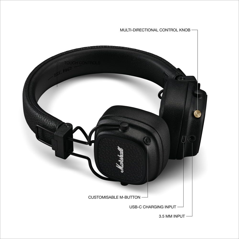 Marshall Major V Bluetooth Headphones - Foldable Bluetooth Wireless Headphones Bluetooth with 100+ Hours of Playtime (Black)