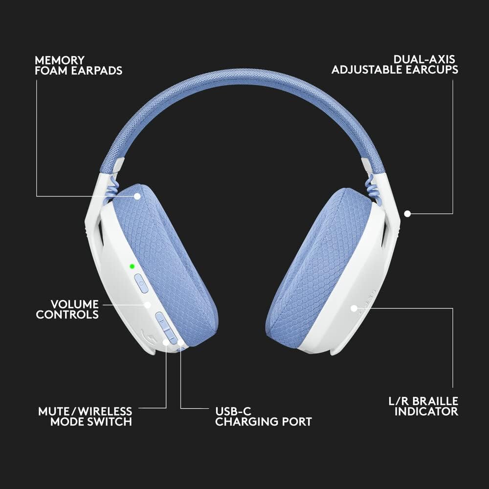 Logitech G435 LIGHTSPEED & Bluetooth Wireless Gaming Headset - Ultra Lightweight 165g over-ear headphones, built-in mics, 18h battery, compatible with Dolby Atmos, PC, PS4, PS5, Mobile - White