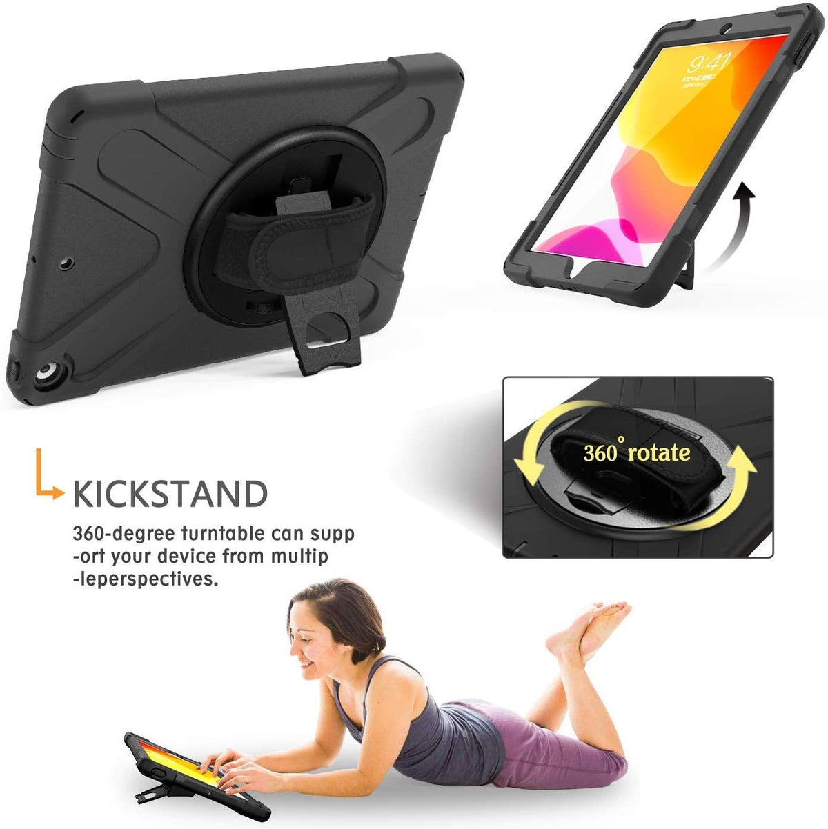 Herize iPad 9th/7th/ 8th Generation Case Cover iPad 10.2 Case 2021 2019 2020 with Screen Protector, Heavy Duty Hard Durable Shockproof Protective Case with Kickstand,Hand Strap, Shoulder Strap Black