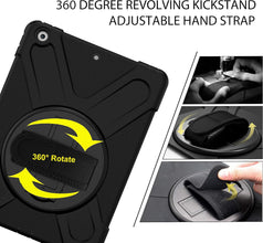 Herize iPad 9th/7th/ 8th Generation Case Cover iPad 10.2 Case 2021 2019 2020 with Screen Protector, Heavy Duty Hard Durable Shockproof Protective Case with Kickstand,Hand Strap, Shoulder Strap Black