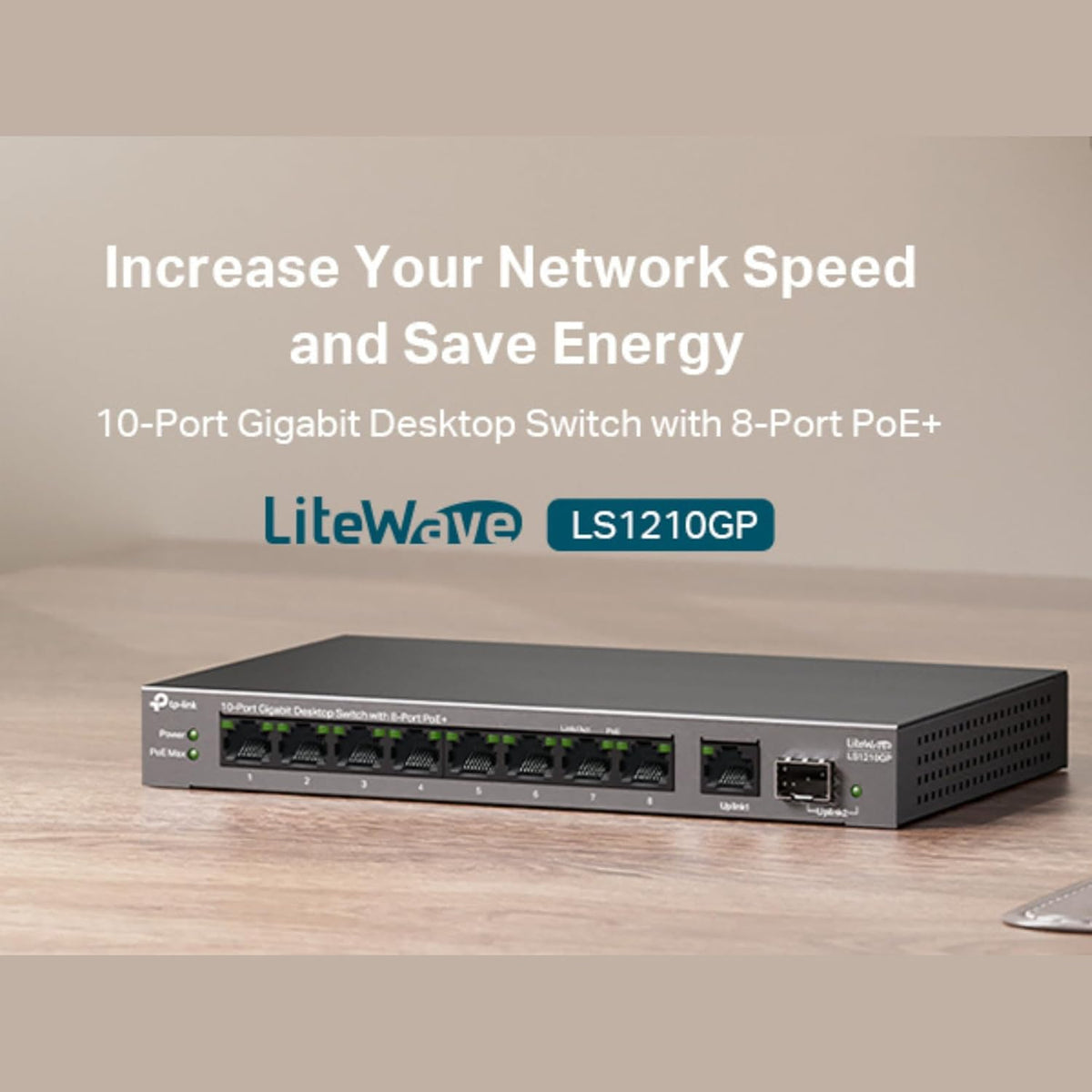 TP-Link 10-Port Gigabit Desktop Switch with 8-Port PoE+, 61 W PoE Budget, 30 W PoE output, Up to 250m PoE Transmission. Traffic Separation, Plug and Play, Fanless, Metal Case (LS1210GP)