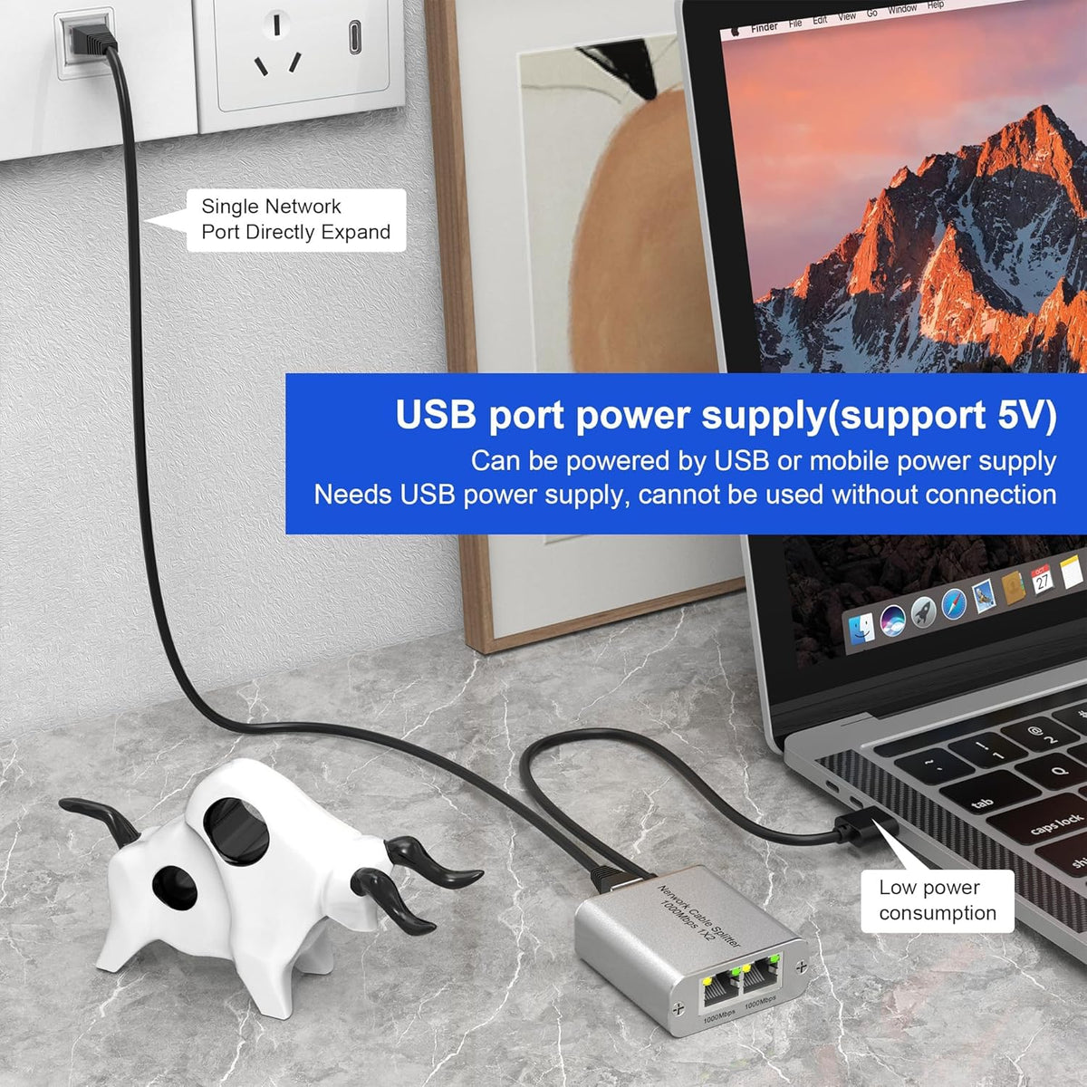 Ethernet Cable Splitter 1 to 2 with High-Speed 1000Mbps - Ethernet Splitter with USB Power Cable, Extra Ethernet Ports for Router, Cat 5/6 RJ-45 LAN Y-Splitterr[2 Devices Simultaneously Networking]