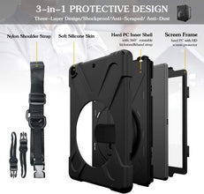 Herize iPad 9th/7th/ 8th Generation Case Cover iPad 10.2 Case 2021 2019 2020 with Screen Protector, Heavy Duty Hard Durable Shockproof Protective Case with Kickstand,Hand Strap, Shoulder Strap Black
