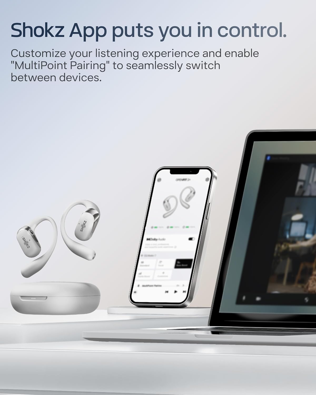 Shokz NEW OpenFit 2+ Open-Ear Headphones, Dolby Audio Enabled, Comfortable Earbuds with Soft Ear Hooks, 48H Playtime, IP55 Water-Resistant, USB-C Fast Charging, Wireless Charging, Carrying Bag, Grey
