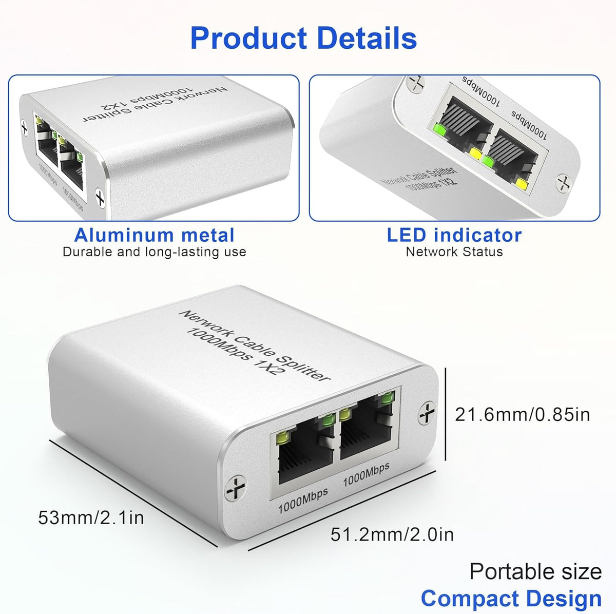 Ethernet Cable Splitter 1 to 2 with High-Speed 1000Mbps - Ethernet Splitter with USB Power Cable, Extra Ethernet Ports for Router, Cat 5/6 RJ-45 LAN Y-Splitterr[2 Devices Simultaneously Networking]