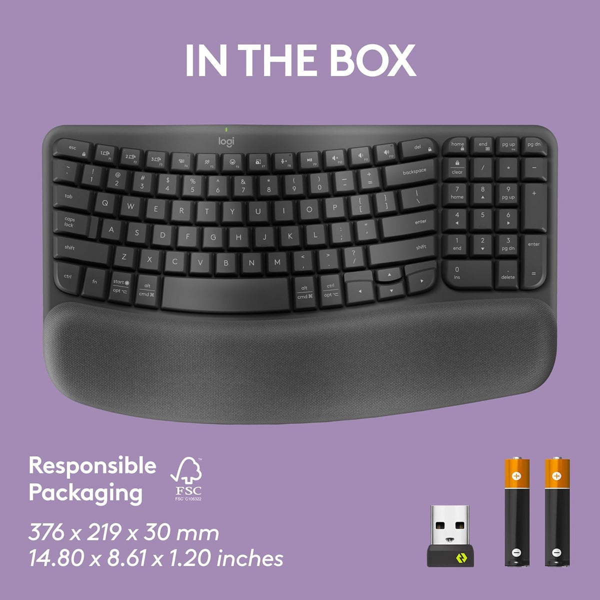 Logitech Wave Keys Wireless Ergonomic Keyboard with Cushioned Palm Rest, Comfortable Natural Typing, Easy-Switch, Bluetooth, Logi Bolt Receiver, for Multi-OS, Windows/Mac, AR Layout - Graphite (Pc)