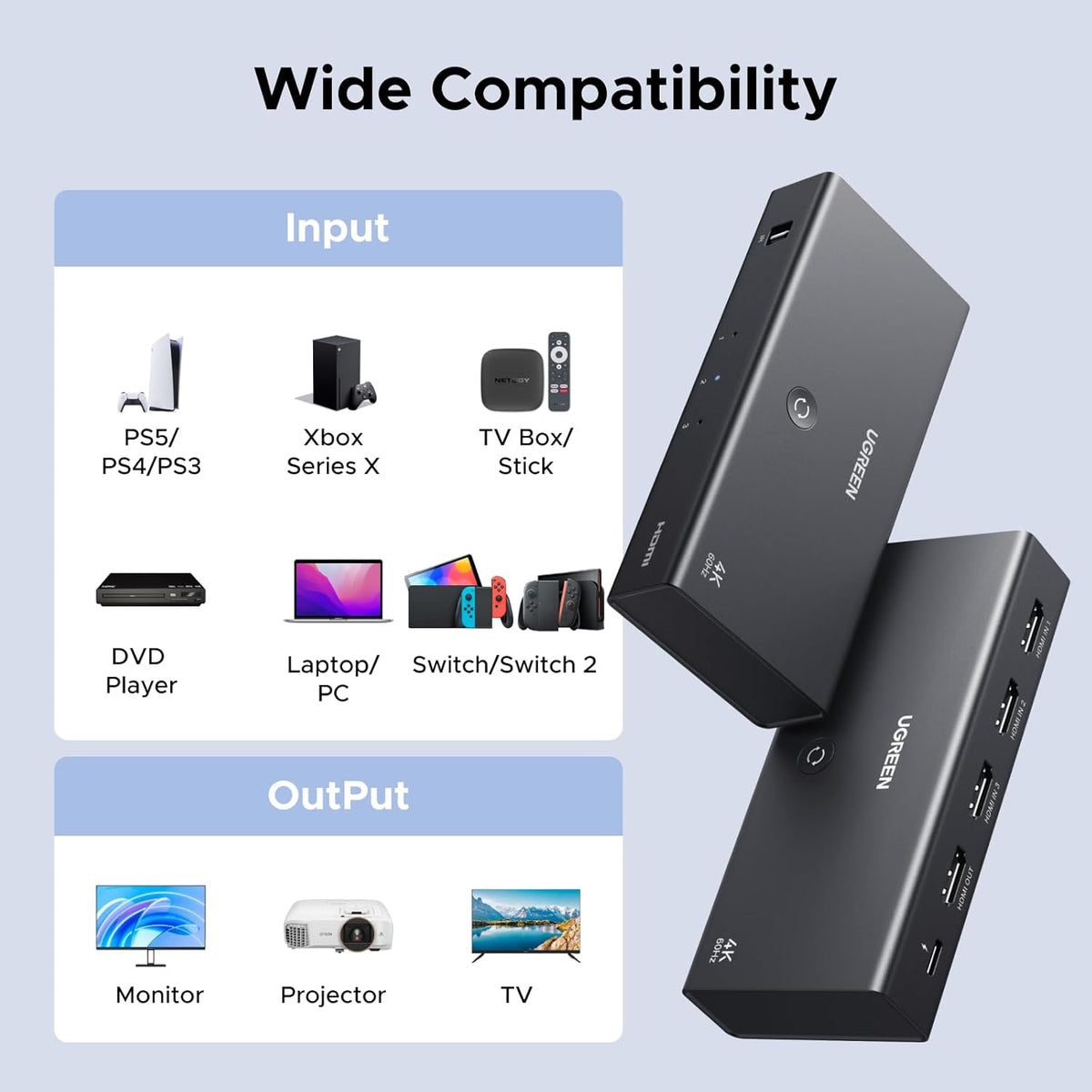 UGREEN 3 IN 1 OUT HDMI Switch, Unidirectional HDMI Splitter With Remote, Support 4K, HDR, 3D, Dolby Sound, 192kHz 24bit, Compatible for PC, Laptop, Blu-ray DVD, PS4/PS4 pro, Xbox, Switch, Apple TV etc