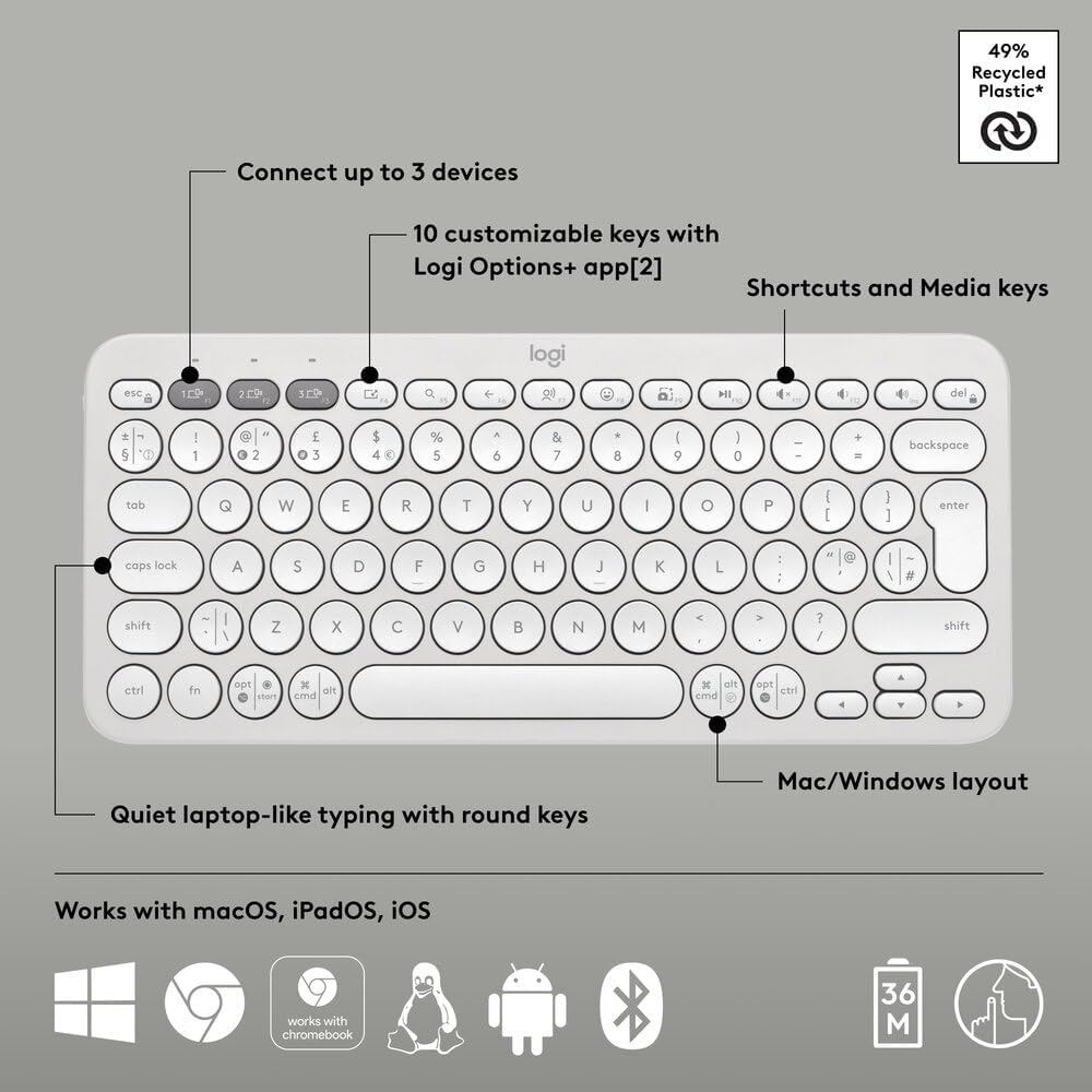 Logitech Pebble Keys 2 K380s, Multi-Device Bluetooth Wireless Keyboard with Customizable Shortcuts, Slim and Portable, Easy-Switch for Windows, macOS, iPadOS, Android, Chrome OS, US Intl Layout- White