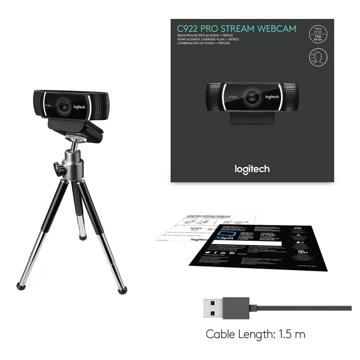 Logitech C922 Pro Stream Webcam, HD 1080p/30fps Hyperfast Streaming, Stereo Audio, HD light correction, Autofocus, - Black