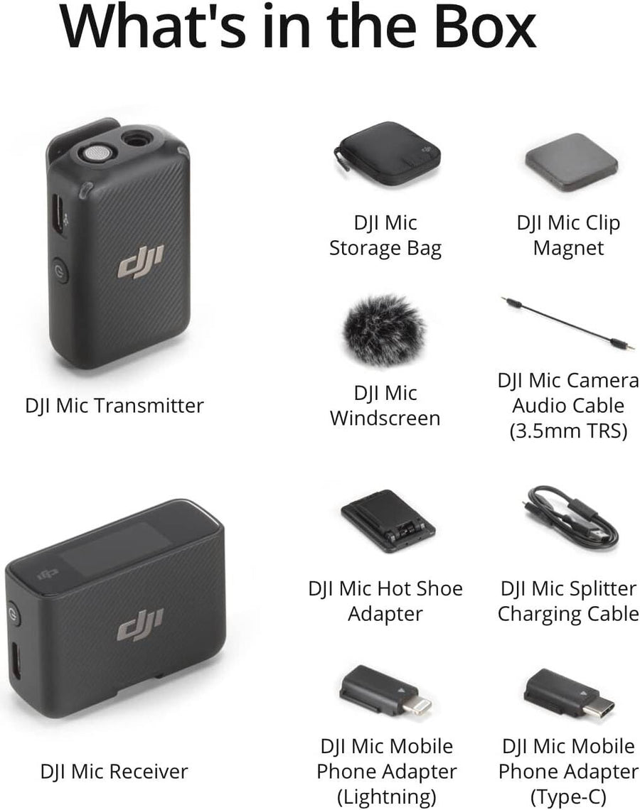 DJI Mic (1 TX + 1 RX), Wireless Lavalier Microphone, 250m (820 ft.) Range, 14 Hour Recording, Wireless Mic for PC, iPhone, Cameras, Vlogs, Live Stream, UAE Version