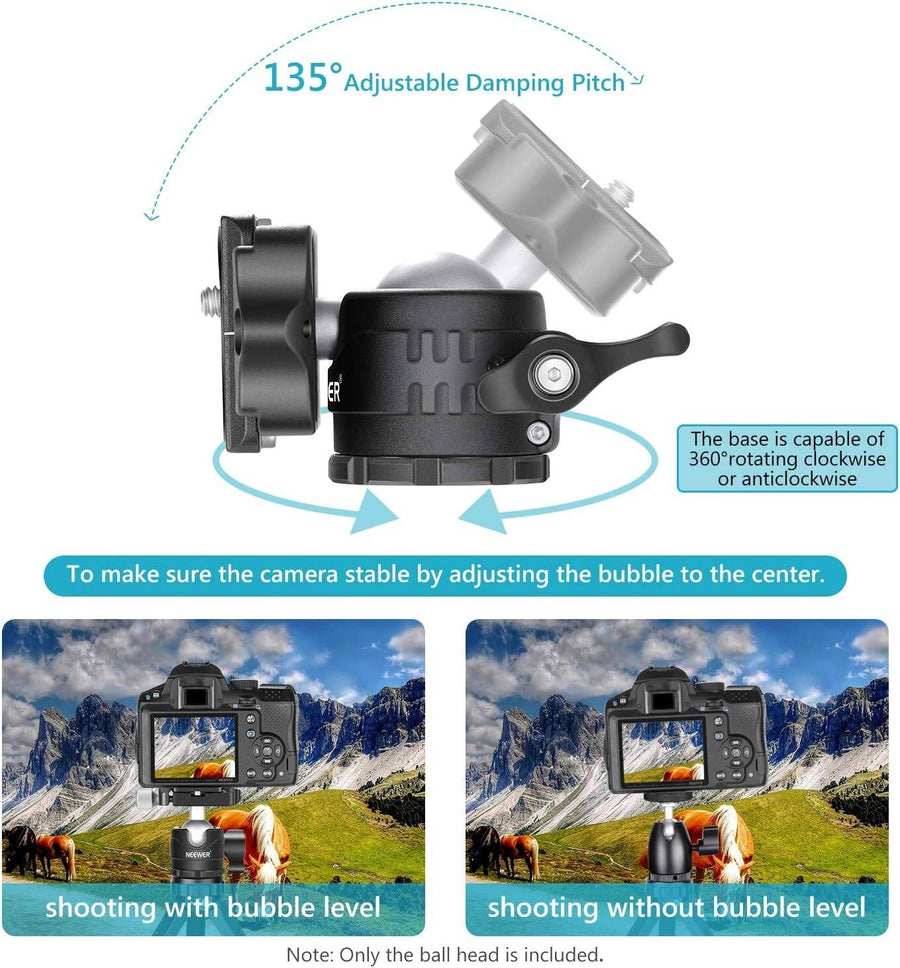 NEEWER 28mm Low-Profile Tripod Ball Head with Quick Release Plate & Bubble Level 360° Panoramic Rotation