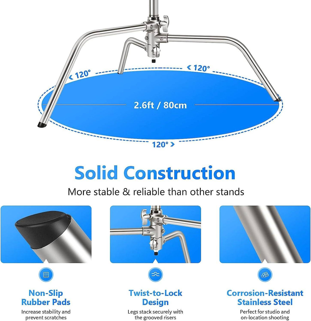 Neewer Pro 100% Stainless Steel Heavy Duty C Stand with Boom Arm - Max Height 331cm Photography Light Stand with 120cm Holding Arm, 2 Grip Head for Studio Monolight, Softbox, Reflector | AWP012553