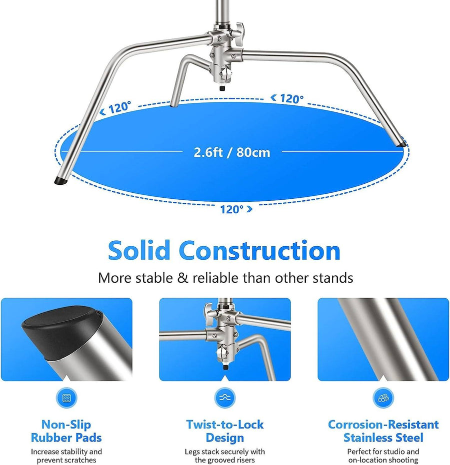 Neewer Pro 100% Stainless Steel Heavy Duty C Stand with Boom Arm - Max Height 331cm Photography Light Stand with 120cm Holding Arm