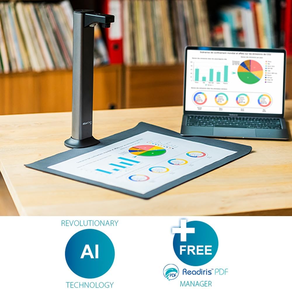 IRIScan Desk Document Scanner, Book Scanner - v7pro:4K UltraHD,18MP,600dpi,Portable Scanner,Visualizer,OCR,AI Flattening,Auto Scan,Erase Fingers, Free Readiris PDF Editor Win Mac