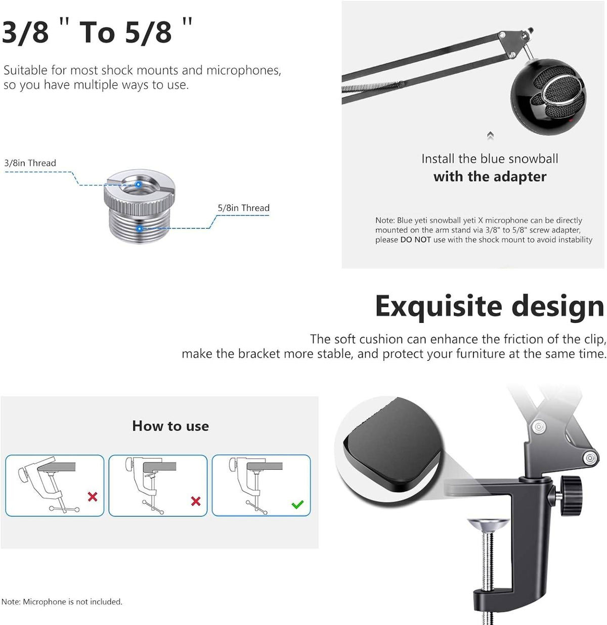 Neewer Microphone Arm Stand, Suspension Boom Scissor Mic Arm Stand with 3/8 to 5/8 Screw and Cable Ties Compatible with Blue Yeti, Snowball, Yeti X, Quadcast and Other Mics, Max Load 1.5kg