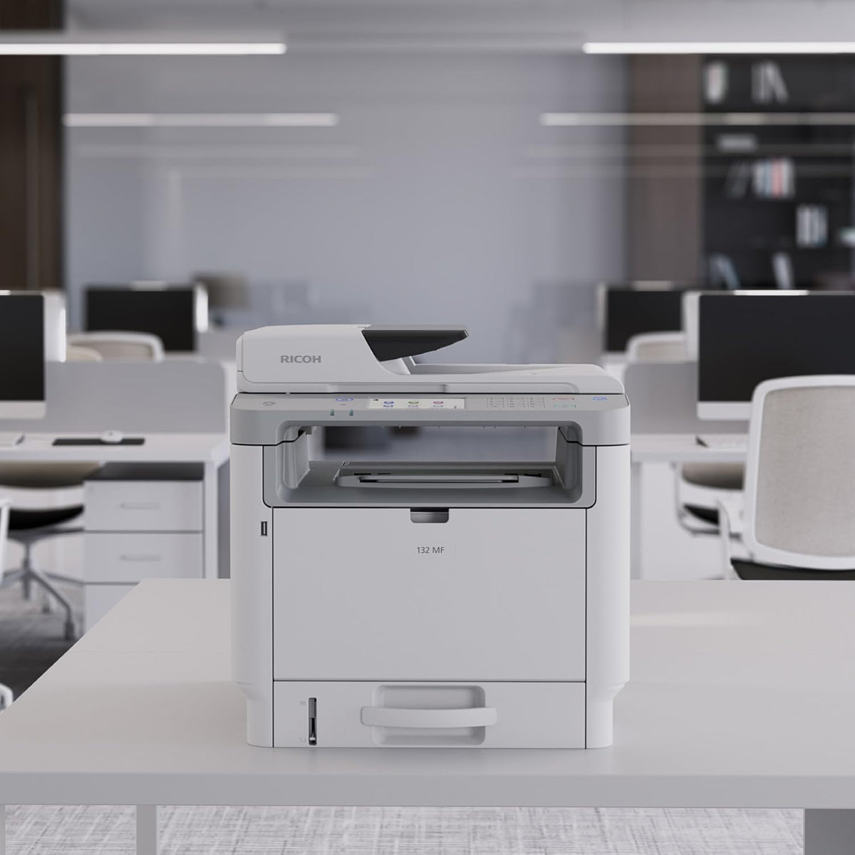 RICOH 132 MF Black & White Laser All-in-One Printer | 34ppm | Multifunction Copy Scan Fax | Touchscreen | Easy Change Toner | Ethernet, USB | Duplex Printing