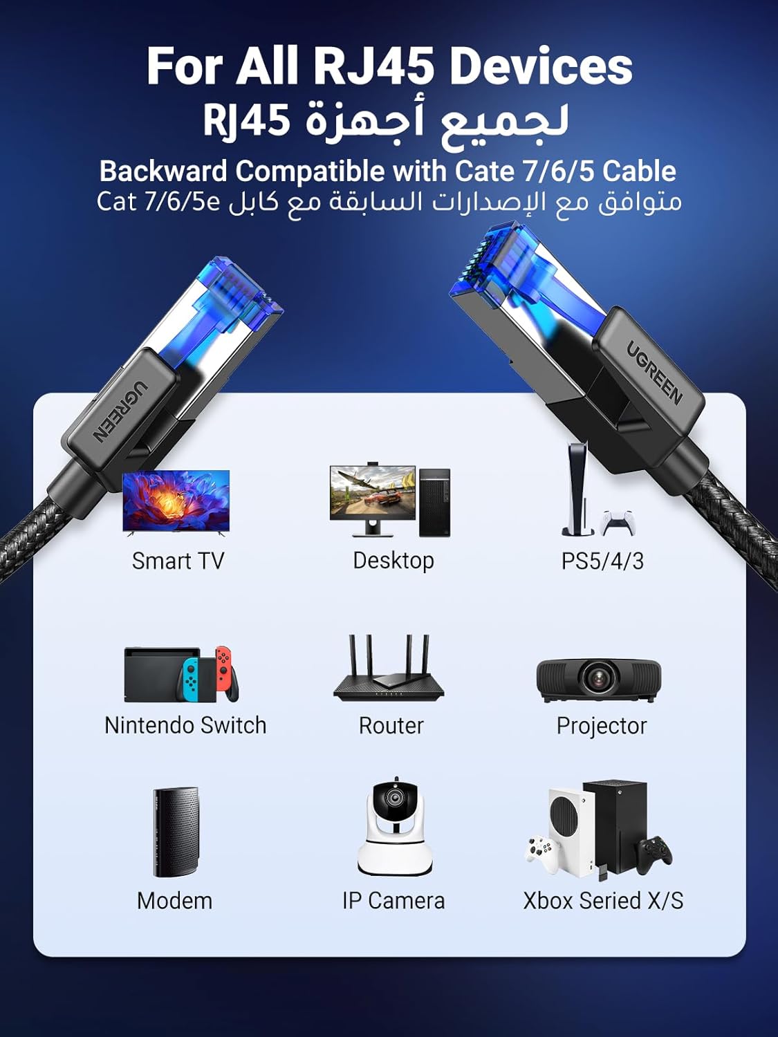 UGREEN Ethernet Cable 15M Cat 8 Gigabit Network Cord High-Speed 40Gbps 2000MHz RJ45 Internet Wire Braided Double Shielded Ethernet Cable Compatible with Gaming Switch PS4 PS5 PC Router TV Xbox