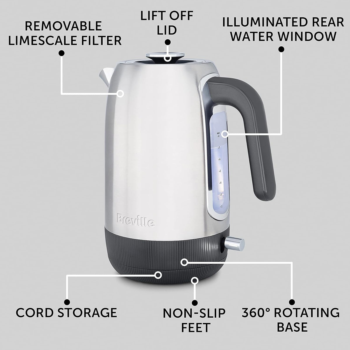 Breville Edge Electric Kettle | 1.7 Litre | Glows When Hot to Avoid Re-Boiling | 3kW Fast Boil | Brushed Stainless Steel [VKT192]