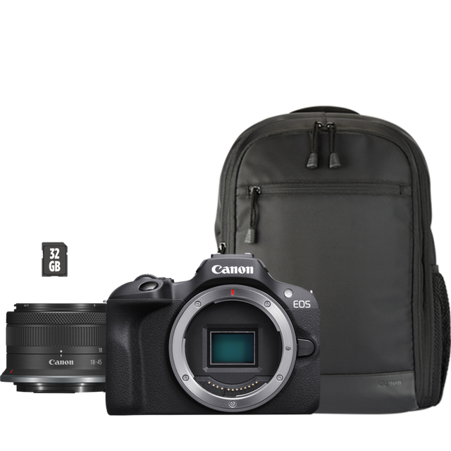 Canon EOS R100 Mirrorless Camera with RF-S 18-45mm F4.5-6.3 IS STM Lens, Backpack and SD Card