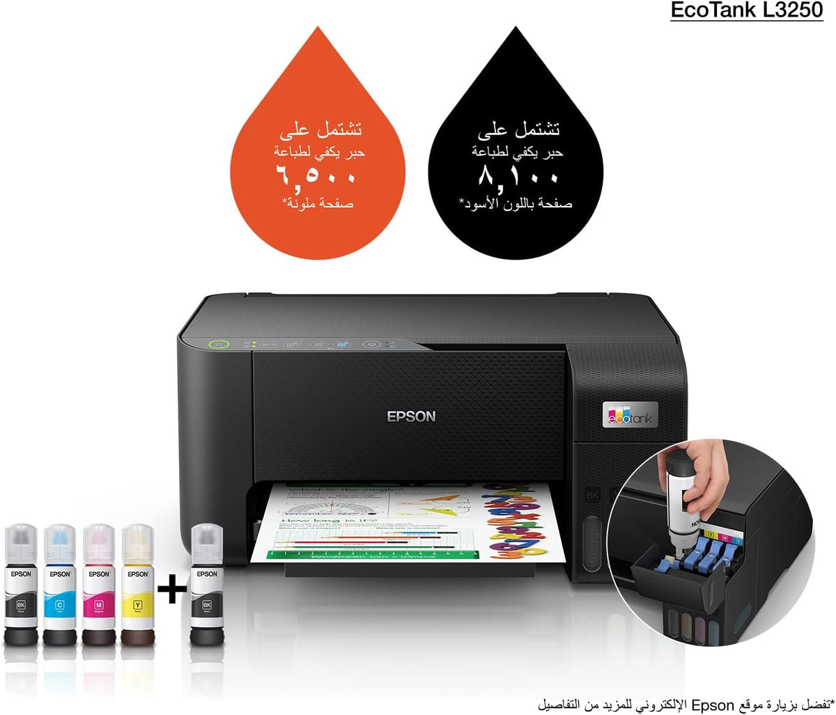 EPSON EcoTank L3250 A4 Color 3-in-1 Printer, With Wi-fi Direct, 5760 x 1440 DPI Resolution, 33ppm Print Speed, 30 Sheets Output Tray, 100 Sheets Paper Tray, Black