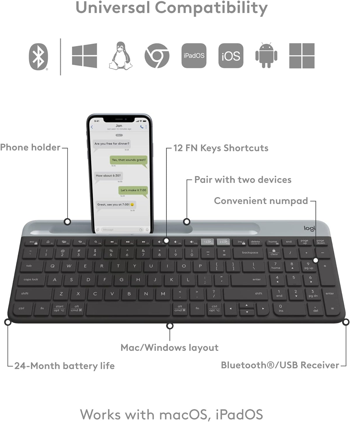 Logitech K580 Slim Multi-Device Wireless Keyboard - Bluetooth/Receiver, 24 Month Battery, Win/Mac, Desktop, Tablet, SmartphoneArabic Graphite