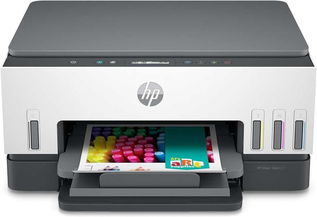 HP Smart Tank 670 All-in-One Printer, Print, Scan, Copy, Wireless, Scan to PDF, Fast two-sided printing, Up to 18,000 black or 8,000 color pages - White/Grey [6UU48A]