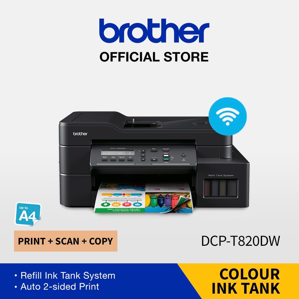 Brother Wireless All In One Ink Tank Printer, DCP-T820DW, Automatic 2 Sided Features, Mobile & Cloud Print And Scan, Network Connectivity, High Yield Ink Bottles