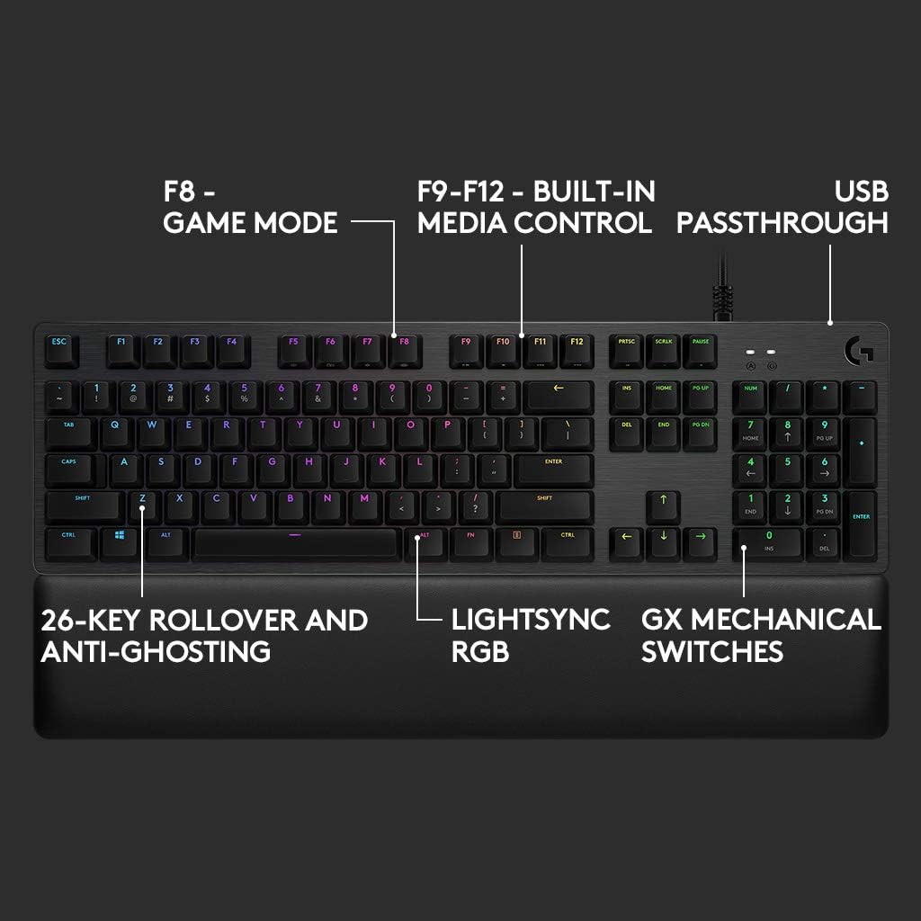 Logitech G513 Carbon LIGHTSYNC RGB Mechanical Gaming Keyboard with GX Red Switches - Linear, Black