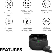 JBL Wave Beam True Wireless Earbuds, Deep Bass, Comfort Fit, 32H Battery, Smart Ambient, TalkThru, Hands-Free + VoiceAware, Water and Dust Resistant - Black, JBLWBEAMBLK